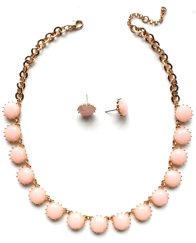 white gold necklaces for women-Classic Stone Necklace & Earring Set- Pale Pink