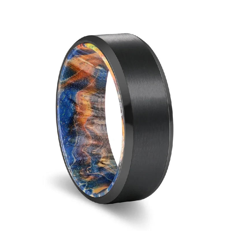 exclusive engagement rings for women-BRADLEY | Blue & Yellow/Orange Wood, Black Tungsten Ring, Brushed, Beveled