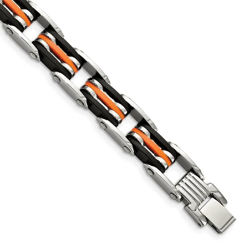 custom charm bracelets for women-Stainless Steel Black & Orange Rubber 8.5in Bracelet