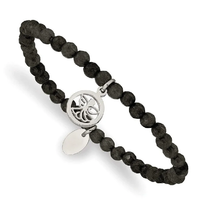 classic bangles for women-Stainless Steel Polished Angel Black Jade Beaded Stretch Bracelet