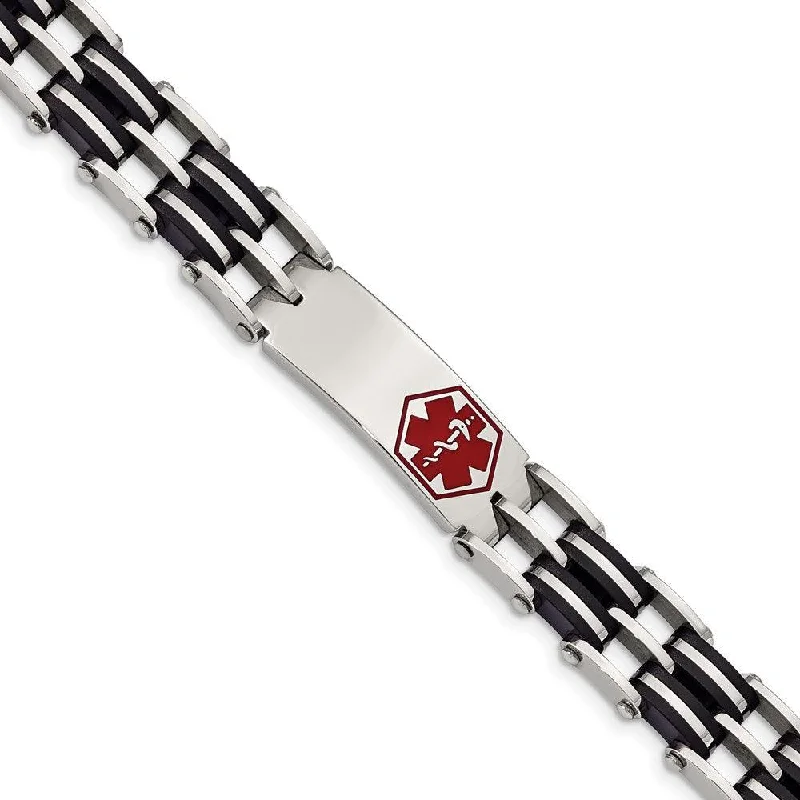 crystal bangles for women-Stainless Steel Black Rubber Red Enamel 8.25in Medical Bracelet