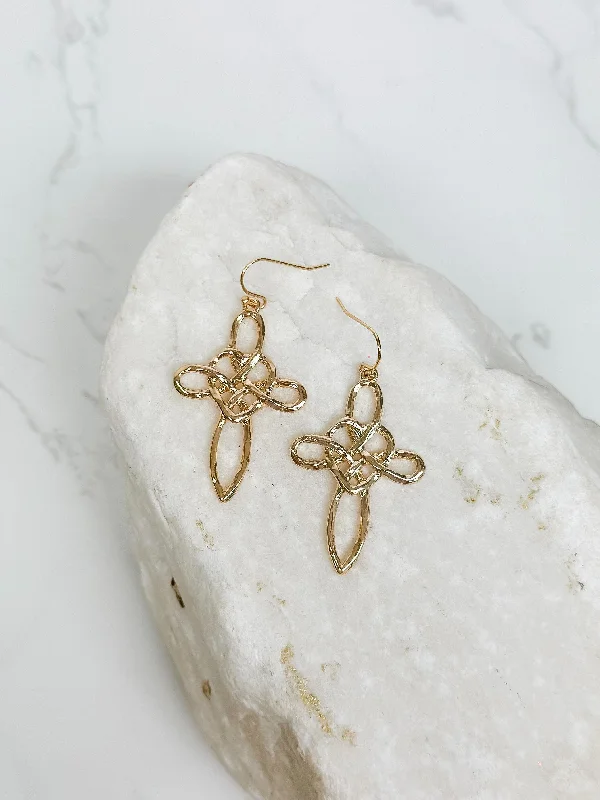 simple stud earrings for women-Heart Cross Dangle Earrings - Gold