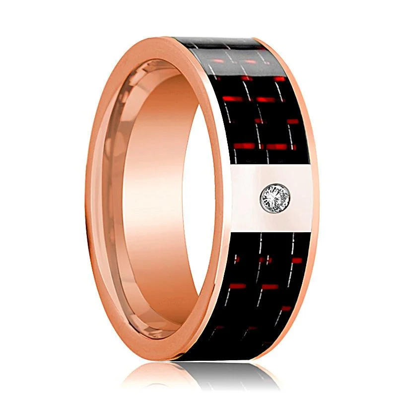 vintage engagement rings for women-14k Rose Gold Flat Ring with White Diamond Setting & Black & Red Carbon Fiber Inlay