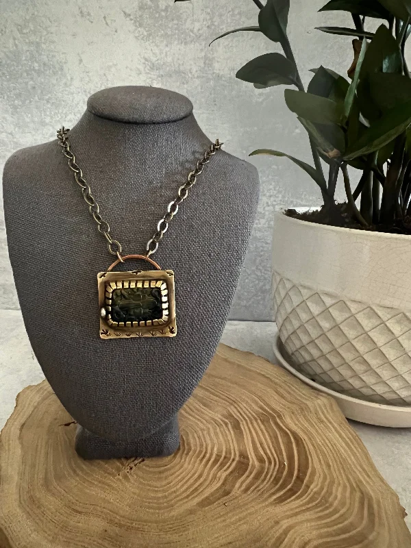 silver charm necklaces for women-Caged tigers eye and brass