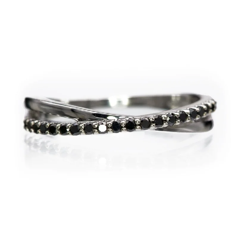 stackable rings for women-Criss Cross Black Diamond Band - Contoured Wedding Ring with Black Diamonds