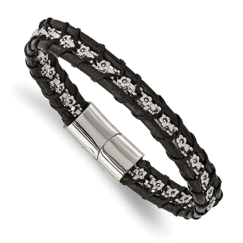 birthstone bracelets for women-Stainless Steel Polished Flower Link Black Leather 8.25in Bracelet