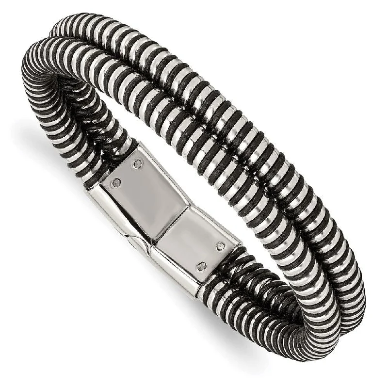 classic bangles for women-Stainless Steel Black Leather & Polished 8.5in Bracelet