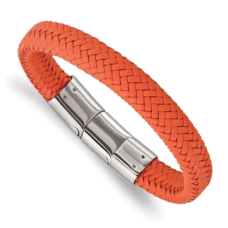 charm bracelets for women-Stainless Steel Polished Orange Woven Leather w/.5in ext 8in Bracelet