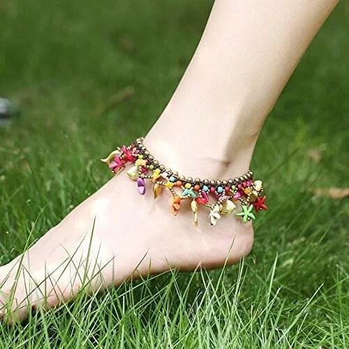 trendy bracelets for women-Bohemian Starfish Charms Beaded Bracelet Cum Anklet pair