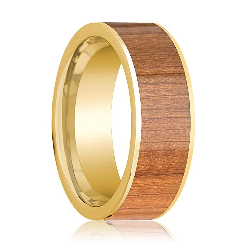 princess cut rings for women-Sapele Wood Inlaid 14k Yellow Gold Flat Wedding Band for Men Polished Finish - 8MM