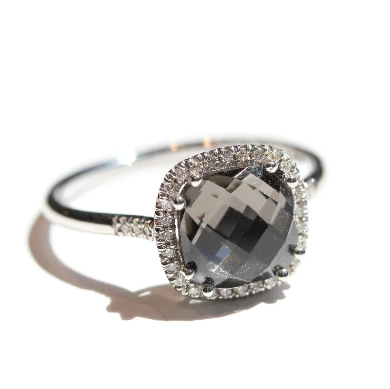 heart-shaped engagement rings-Black Night Topaz Cushion Halo Ring