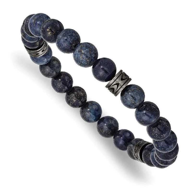 gemstone bracelets for women-Stainless Steel Antiqued White Bronze-plated Lapis Beaded Stretch Bracelet