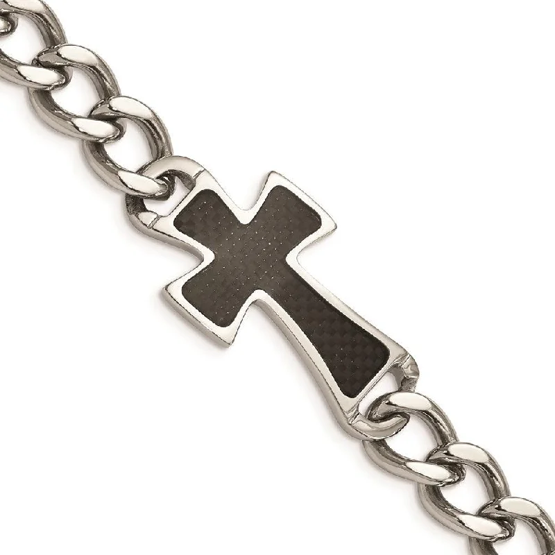 stackable bracelets for women-Stainless Steel Polished Black Carbon Fiber Inlay Cross 8.5in Bracelet