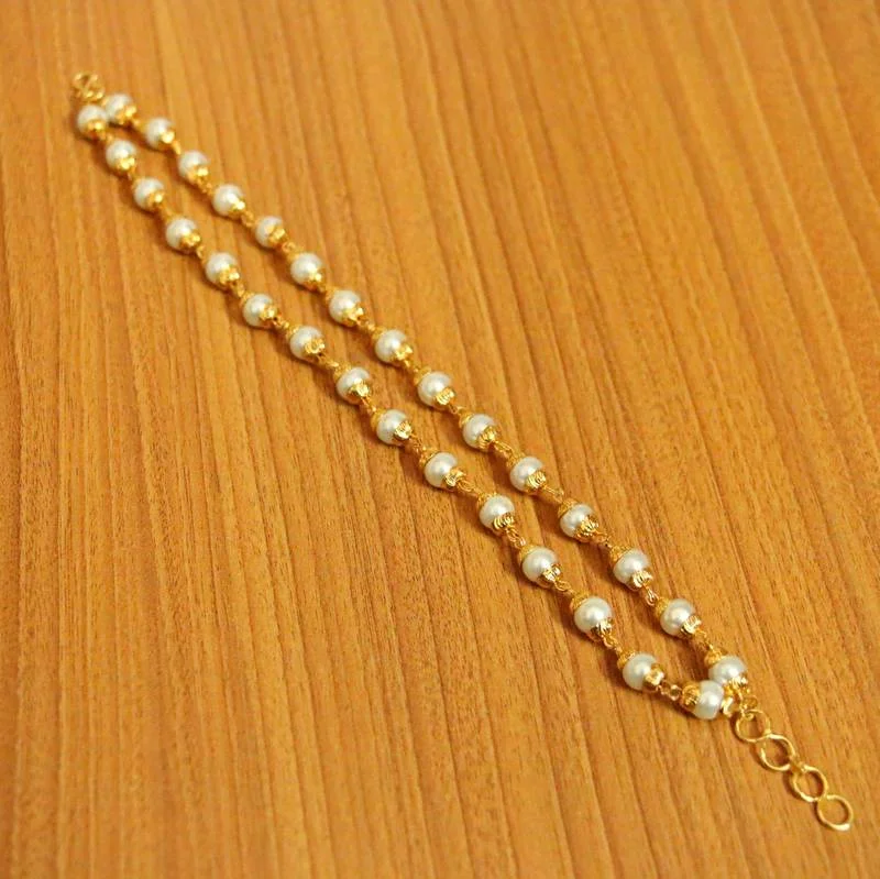 diamond bracelets for women-WHITE PEARLS GOLD PLATED CHAIN BRACELET