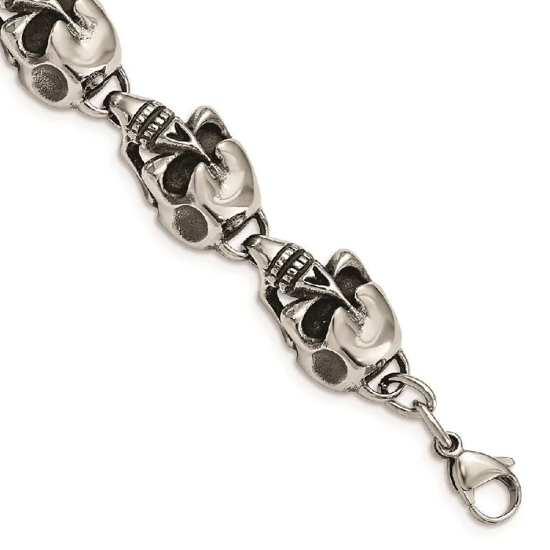 diamond bracelets for women-Stainless Steel Antiqued Skulls 8.5in Bracelet