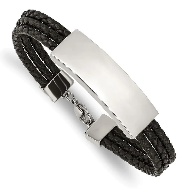 luxury bracelets for women-Stainless Steel Polished Black Leather Multi Strand 8in ID Bracelet