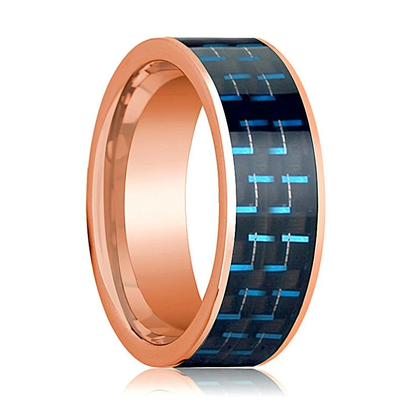 gold wedding rings for women-Men's 14k Rose Gold Flat Wedding Band for Men with Black and Blue Carbon Fiber Inlay - 8MM