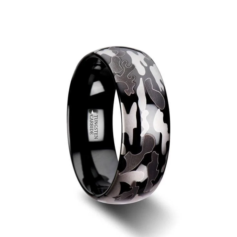 wedding rings for women-Carter Black and Grey Domed Camo Tungsten Wedding Band For Men - 8 mm