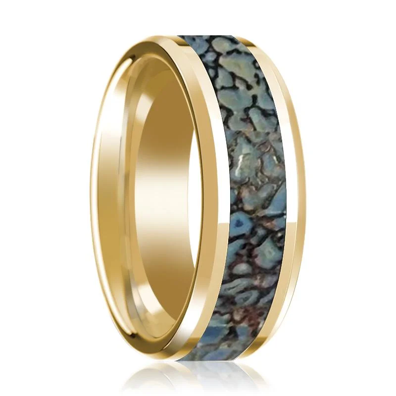 custom-made wedding rings for women-CORYTHOSAURUS |  Blue Dino Bone Inlaid 14k Yellow Gold