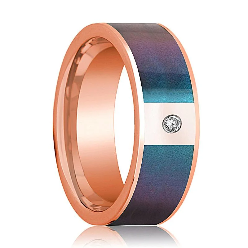 signature rings for women-Flat 14k Rose Gold Wedding Band for Men with Blue/Purple Color Changing Inlay and Diamond - 8MM