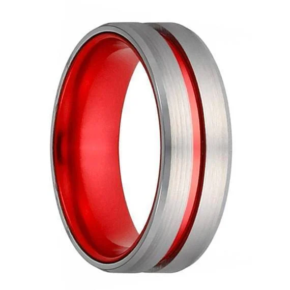 gemstone engagement rings for women-Mens Classic Grooved Silver And Red Tungsten Wedding Band With Beveled Edges - 8mm