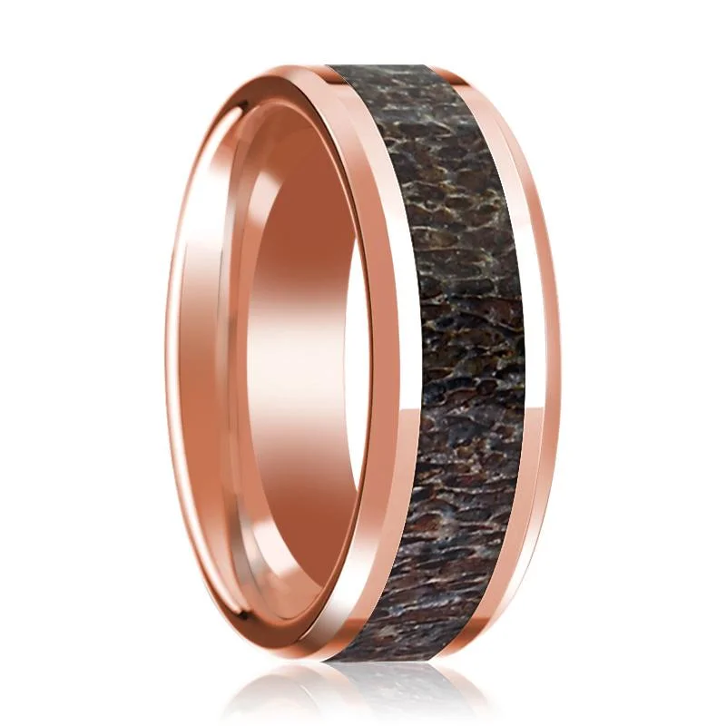 high-quality rings for women-14k Rose Gold Polished Wedding Band with Dark Deer Antler Inlay & Beveled Edges