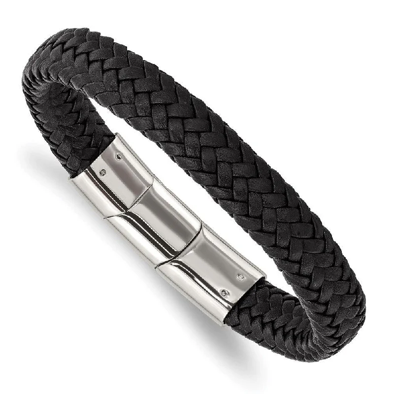 wedding bracelets for women-Stainless Steel Polished Black Woven Leather w/.5in ext 8in Bracelet