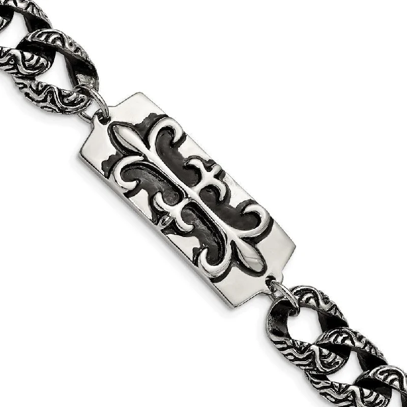 bangles for women-Stainless Steel Antiqued Fleur de Lis 9in Bracelet