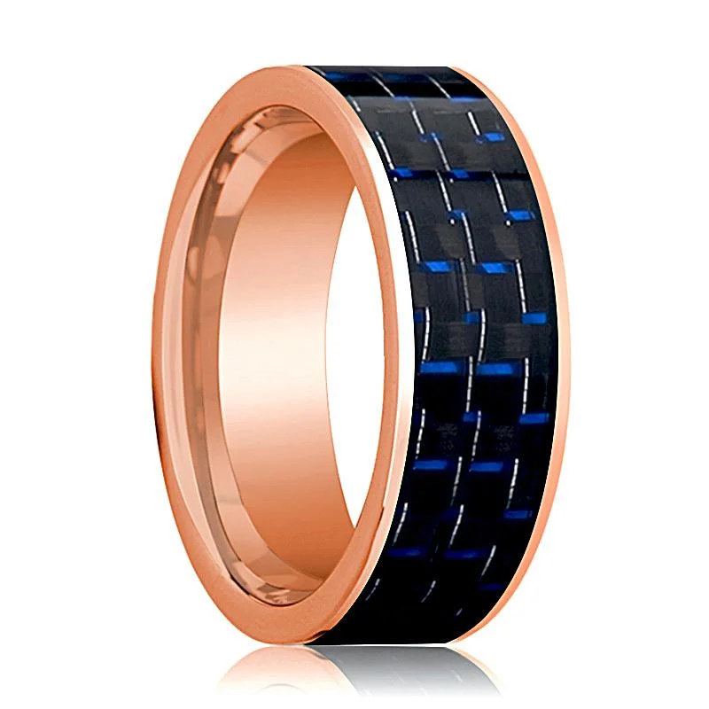 special rings for women-Polished 14k Rose Gold Wedding Band for Men with Blue and Black Carbon Fiber Inlay Flat Design - 8MM