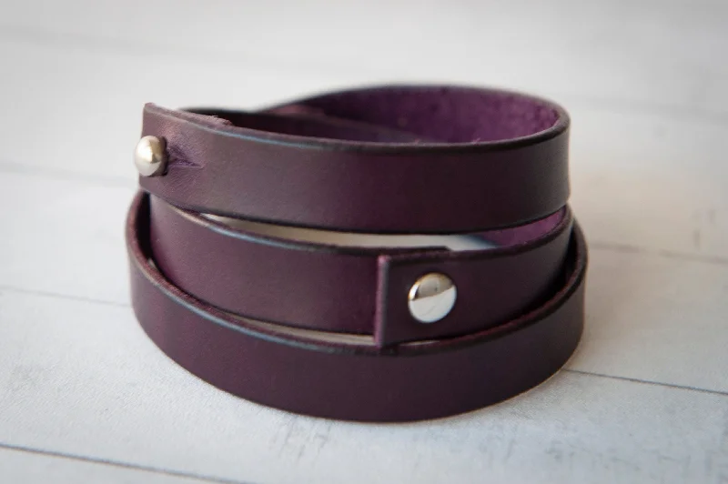 stackable charm bracelets for women-Leather Wrap Bracelet Handmade - Eggplant Purple Leather + Nickle Rivets