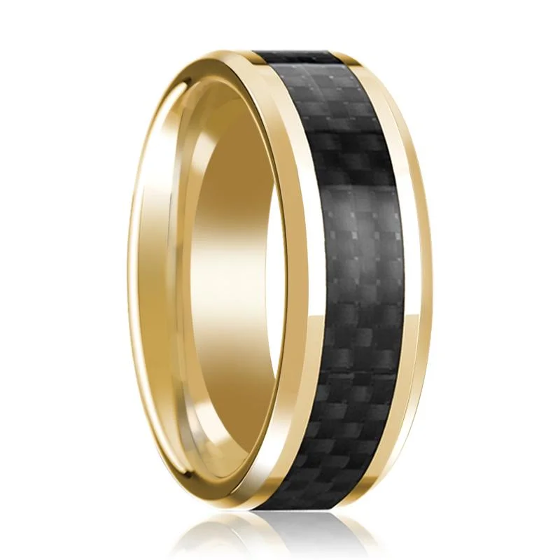 men's rings for women-Men's Polished 14k Yellow Gold Wedding Ring with Black Carbon Fiber Inlay & Beveled Edges - 8MM