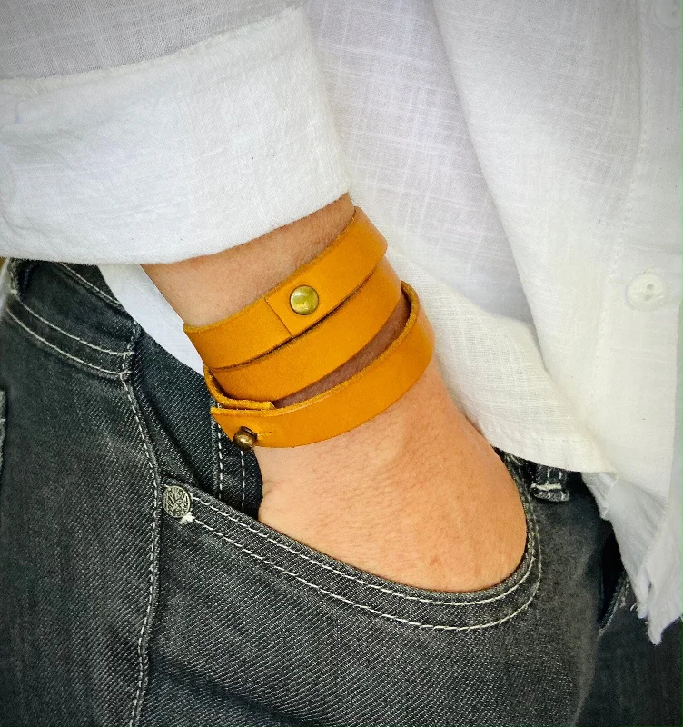 friendship bracelets for women-Mustard Yellow Leather Bracelet | Triple Rivet Wrap Cuff | Engrave Personalize Cuff | Perfect Gift Handmade