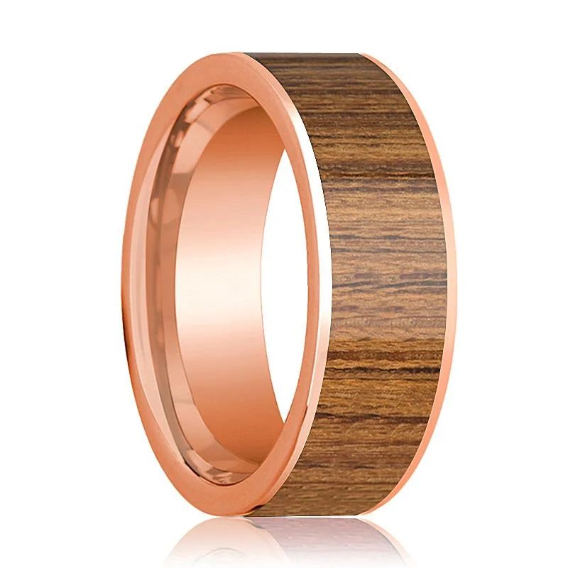 engagement rings with gemstones-Men's 14k Rose Gold Flat Wedding Band with Teak Wood Inlay Polished Finish - 8MM