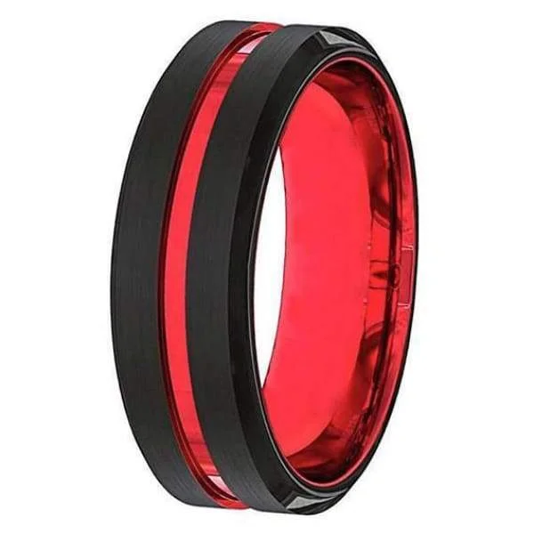 designer engagement rings-Colton Men's Black And Red Grooved Tungsten Wedding Band 6mm & 8mm