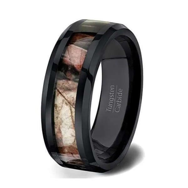 sterling silver rings for women-Mens Black Carbide Tungsten Wedding Ring Forest Camo Comfort Fit Beveled Edge - 8mm