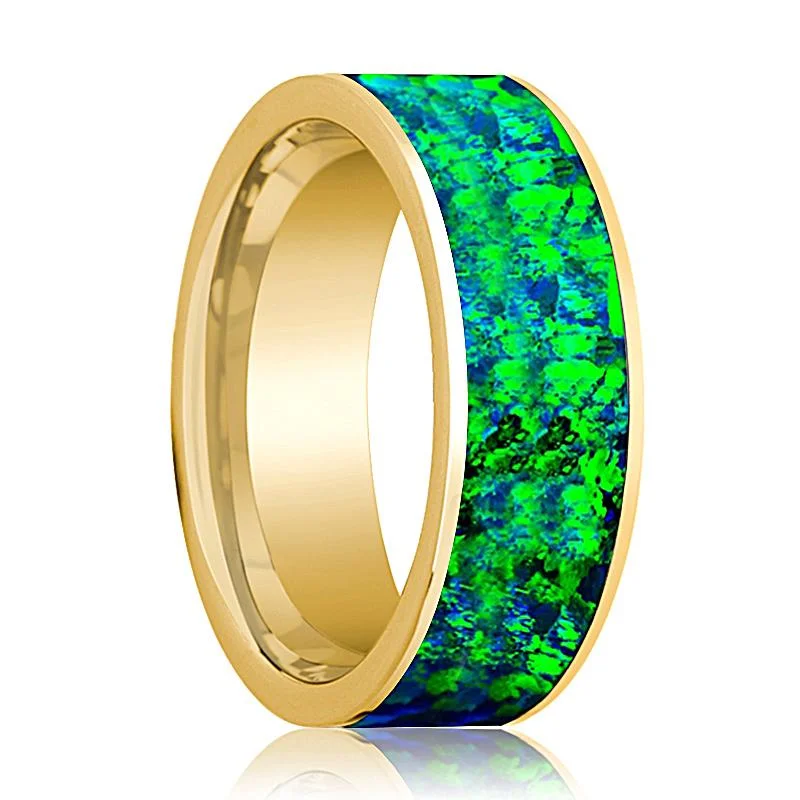 affordable engagement rings for women-Emerald Green and Sapphire Blue Opal Inlay Men's 14k Yellow Gold Flat Wedding Band Polished