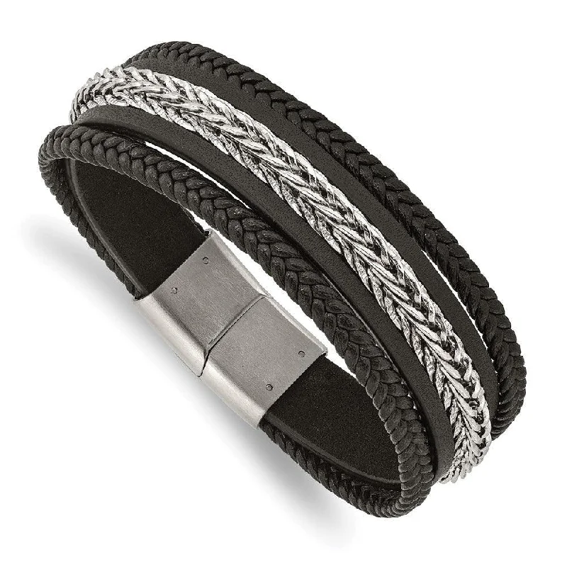 luxury diamond bracelets for women-Stainless Steel Polished Multi Strand Black Leather 8.5in Bracelet