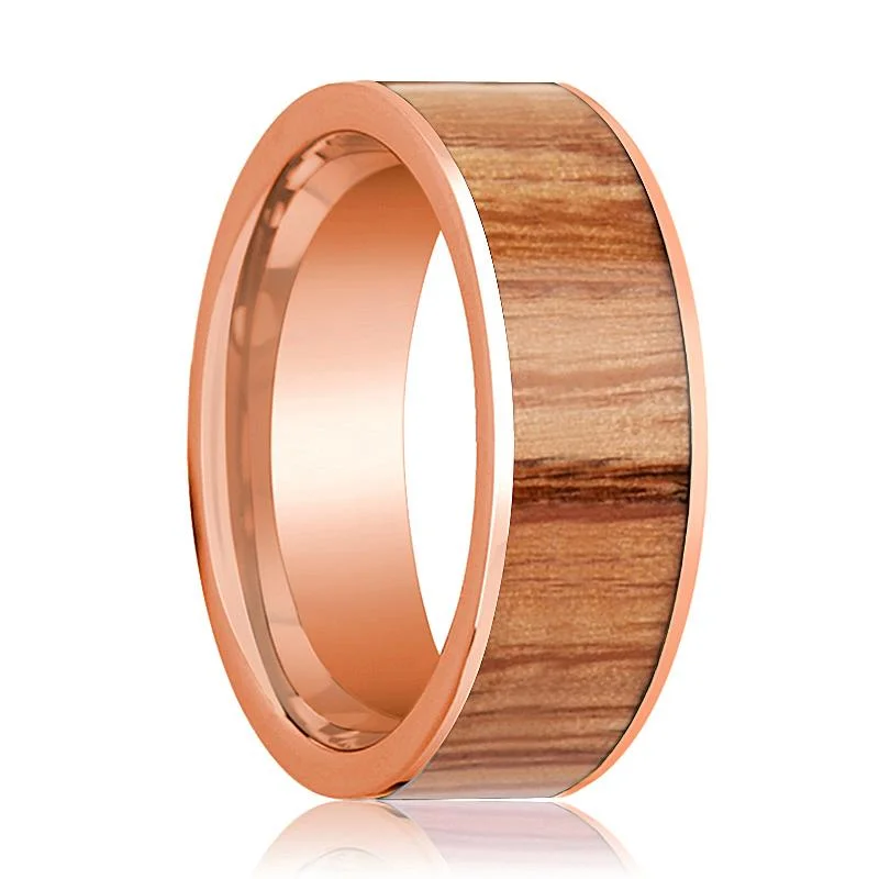 halo rings for women-Men's 14K Rose Gold Wedding Band with Red Oak Wood Inlay Polished - 8MM