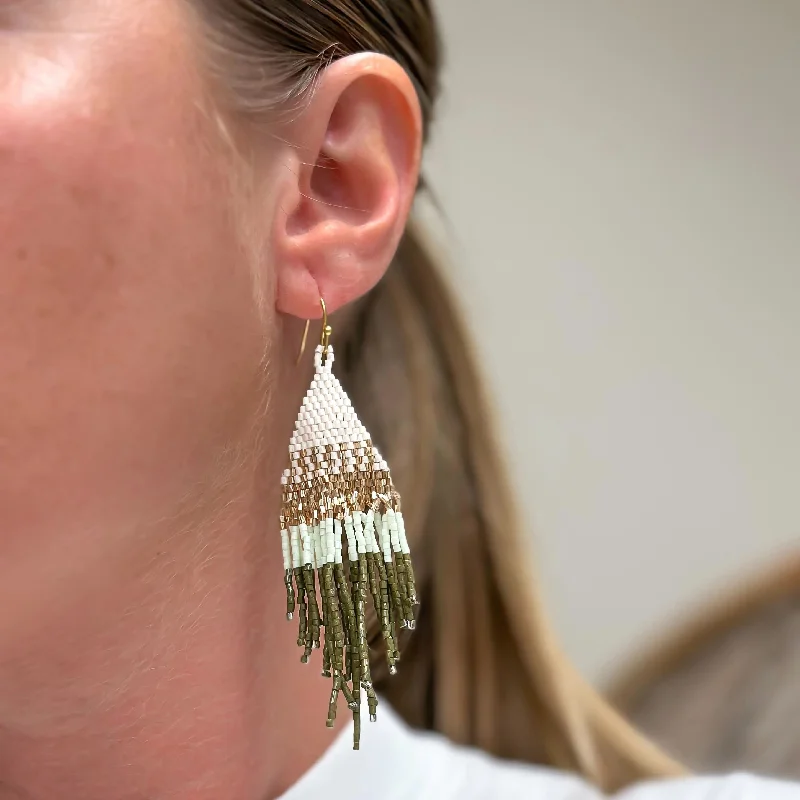 engagement earrings for women-Modern Fringe Dangle Earrings - Olive