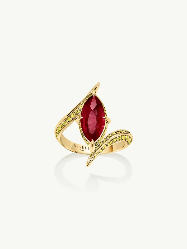 custom-made wedding rings for women-Ayla Arabesque Engagement Ring With Marquise-Cut Ruby With Pavé-Set Brilliant Vivid Yellow Diamonds In 18K Yellow Gold