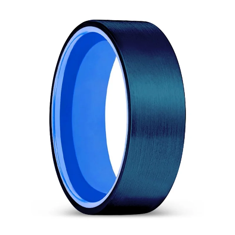 stacking rings for women-LUGANO | Blue Ring, Blue Tungsten Ring, Brushed, Flat