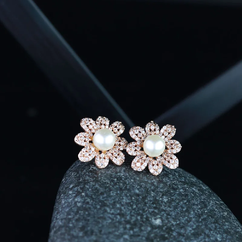 elegant drop earrings for women-Etnico Valentine's Special Rose Gold-Plated & White Floral Studs Earrings for Women (E2974)