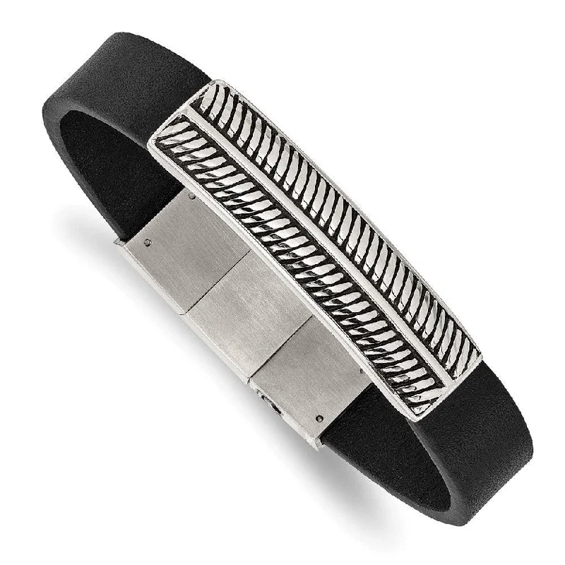 simple bracelets for women-Stainless Steel Antiqued and Polished Black Leather w/.5in ext 8in Bracelet