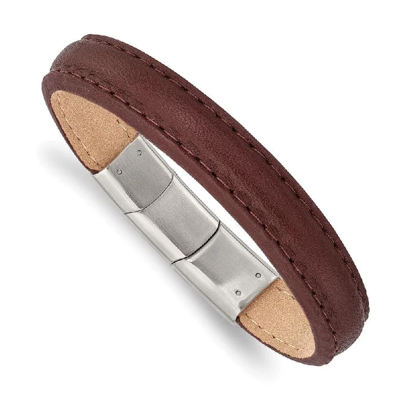 high-quality bracelets for women-Stainless Steel Polished Brown Leather w/.5in ext 7.75in Bracelet