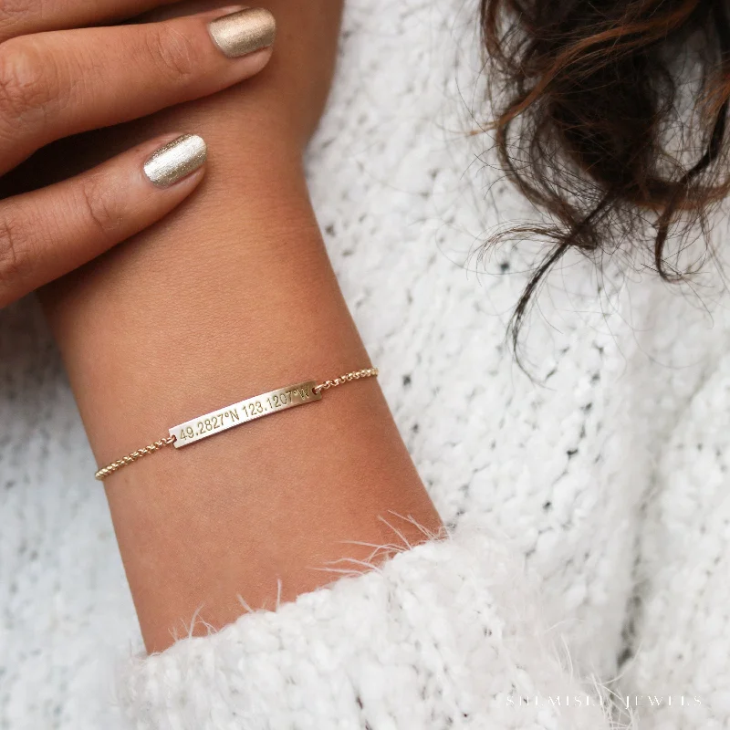 adjustable bracelets for women-Dainty Coordinates Bar Bracelet, Latitude Longitude, Gps Location Bracelet, Coordinate Jewelry, Unisex, Gold Filled, Silver • BB35X4-01