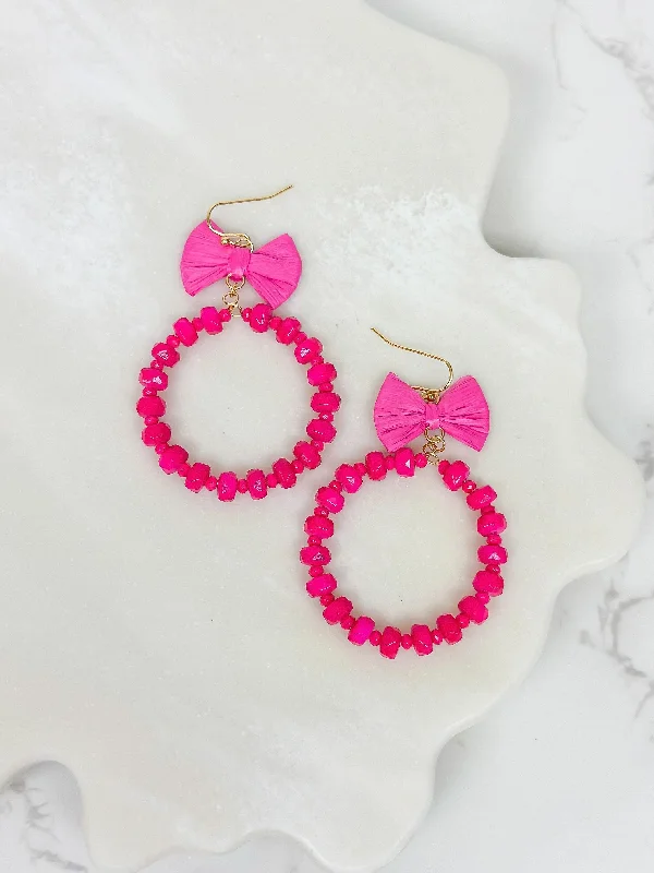 intricate earrings for women-Bow Post Open Dangle Earrings - Hot Pink