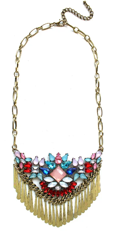 crystal necklaces for women-Boho Metal Fringe Stone Bib Necklace- Red Multi