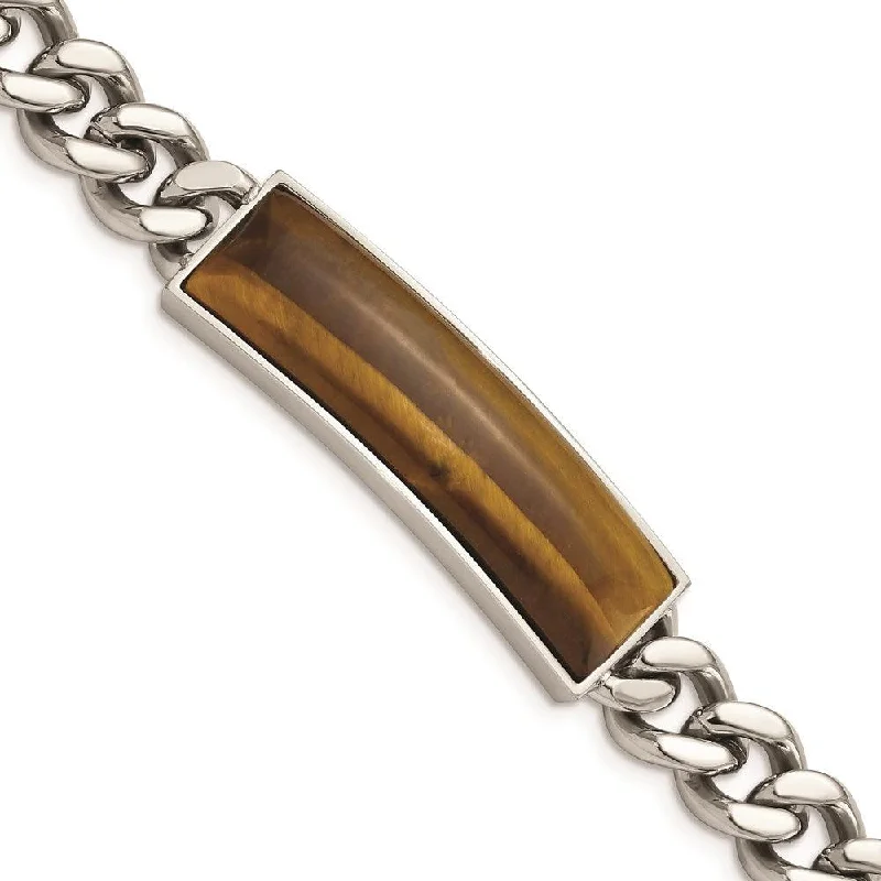 affordable bangles for women-Stainless Steel Tigers Eye & Polished 8.25in Bracelet