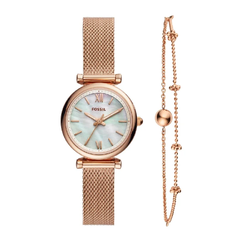 designer bangles for women-Fossil Mini Carlie Rose Gold Watch Set with Bracelet ES4443SET