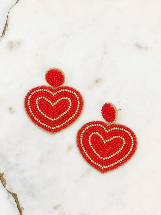 geometric stud earrings for women-Bold Beaded Heart Dangle Earrings - Red